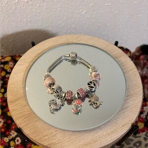 Beaded Silver and Pink Charm Bracelet